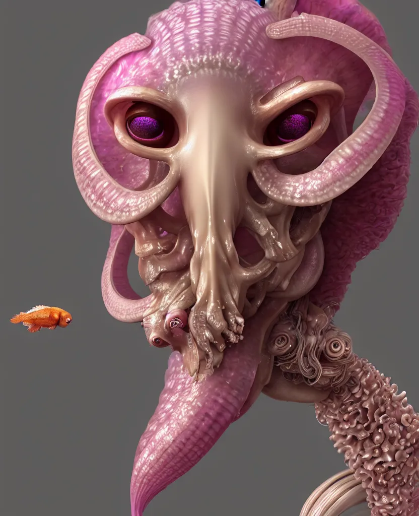 Image similar to goddess princess beautiful face close-up portrait ram skull zbrush sculpt. jellyfish phoenix head, nautilus, orchid, skull, betta fish, bioluminiscent creatures, intricate artwork by Tooth Wu and wlop and beeple. octane render, trending on artstation, greg rutkowski very coherent symmetrical artwork. cinematic, hyper realism, high detail, octane render, 8k