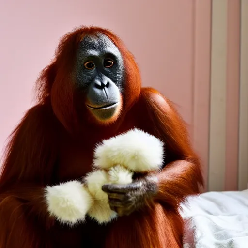 Image similar to an orangutan holding a stuffed grey bunny, in a girls bedroom, wearing makeup and lipstick, wearing a big fluffy pink dress, 24mm