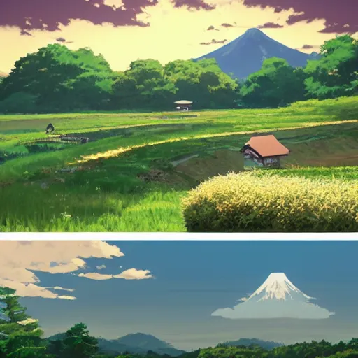 Prompt: 【 prompts 】 [ magnificent and fantastic landscape, countryside in japan, big scene, summer, here is some farmland, blue sky and white clouds, there are some japanese country buildings, lots of plants, some mountains in the distance, light effect, unreal engine, wlop, artstation., ghibli, miyazaki hayao, makoto shinkai ]