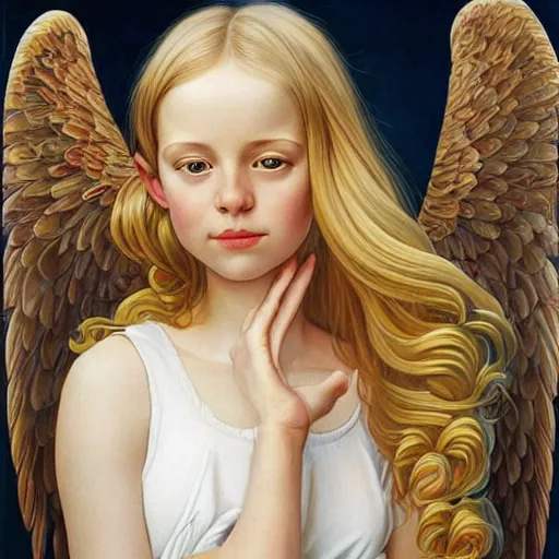 Prompt: an angel with long blond hair and giant wings, illustration, high detail, francine van hove