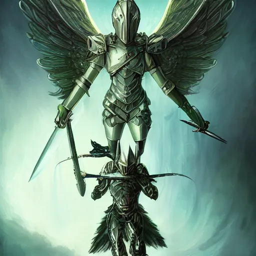 Prompt: armored angel knight in Phthalo metallic green armor with knight helmet, inhumanly long and thin limbs wielding a sword and shield, fallen angel, Barthin, detailed, natural lighting, by Peter Mohrbacher, otherworldly, octane rendered, fantasy, heavenly