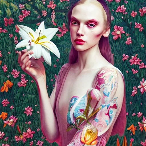 Image similar to pretty model with white lilies : : by martine johanna and simon stalenhag and chie yoshii and casey weldon and wlop : : ornate, dynamic, particulate, rich colors, intricate, elegant, highly detailed, vogue, wolf, harper's bazaar art, fashion magazine, smooth, sharp focus, 8 k, octane render