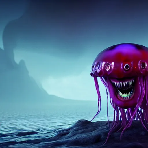 Prompt: a beautiful extreme wide photograph of an evil terrifying jellyfish monster with huge eyes and sharp teeth in a wide open mouth, highly detailed, smooth, very very clean, 8 k, cinematic movie photograph, cinematic lighting, octane render, zbrush central contest winner, 3 d maya render