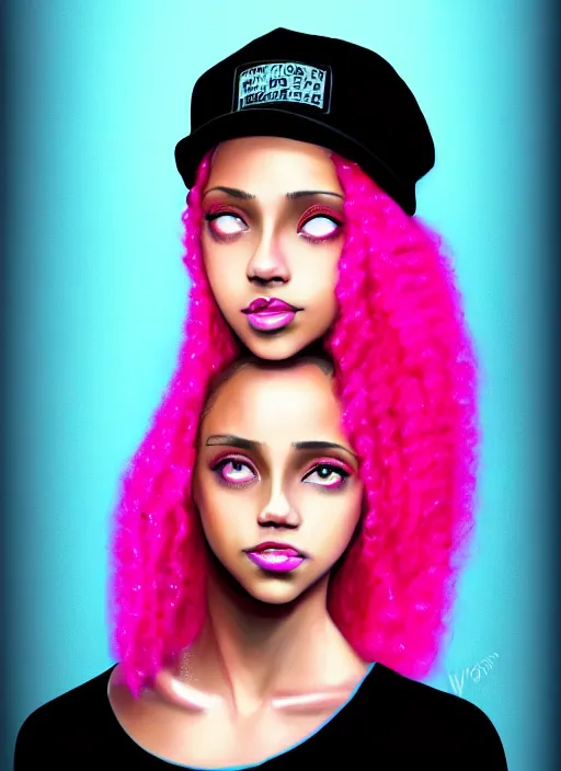 Image similar to portrait of teenage vanessa morgan with bright pink hair, black girl, curly pixie cut hair, wearing newsboy cap, pink short haircut, newsboy cap, hoop earrings, blue eyes, intricate, elegant, glowing lights, highly detailed, digital painting, artstation, concept art, smooth, sharp focus, illustration, art by wlop, mars ravelo and greg rutkowski