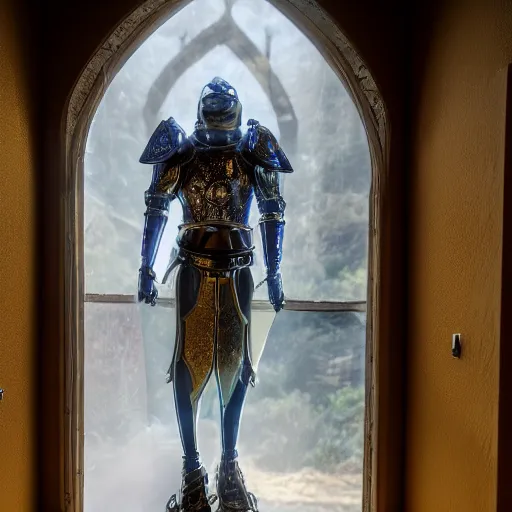 Image similar to evil knight, glowing halo, fantasy paladin, intricate legendary armor, located in a castle, morning sunlight through the window, decorated, high quality, highly detailed, 4 k