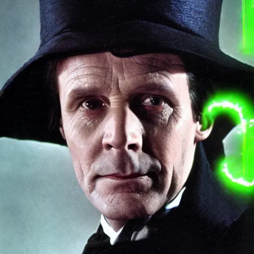 Image similar to Jeremy Brett as Sherlock Holmes as a powerful Warlock, with green energy emanating from his eyes.