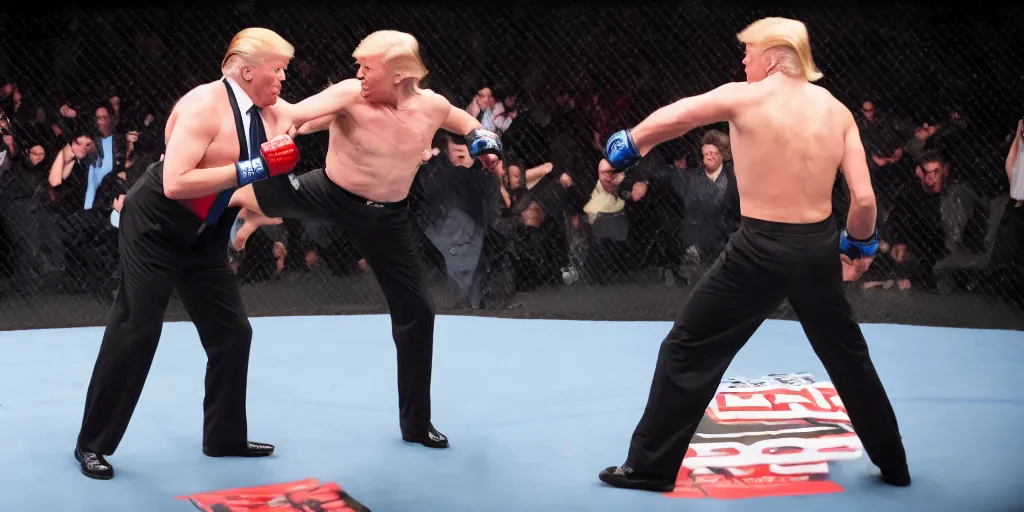 Prompt: a professional photo of donald trump fighting joe biden in mma, extremely high fidelity. key light.