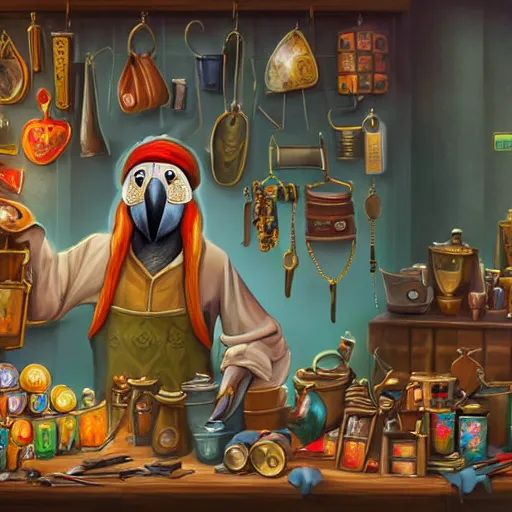 Image similar to Anthropomorphized parrot trader in his shop, selling his wares, portrait, items, gold, magic potions, carpet, window, sly expression , cunning expression, cute expression, long thick shiny black beak, presenting wares, holding a gold bag, D&D, fantasy, cinematic lighting, highly detailed, digital painting, artstation, concept art, smooth, sharp focus, illustration, warm light, cozy warm tint, magic the gathering artwork, volumetric lighting, 8k, art by Akihiko Yoshida, Greg Rutkowski