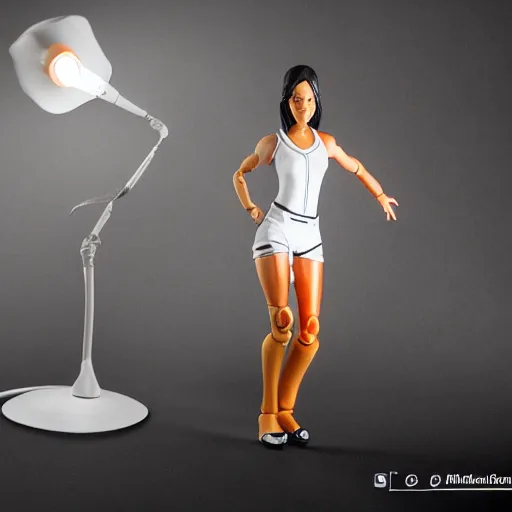 Image similar to chell from portal, actionfigure, studio lighting, product shoot