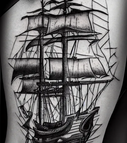 Image similar to A realism black and white tattoo design sketch of a pirate ship, highly detailed tattoo, shaded tattoo, hyper realistic tattoo