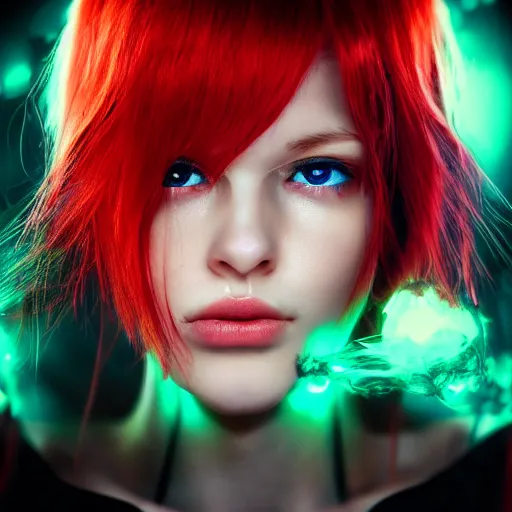 Prompt: a portrait of a beautiful cyborg girl, red hair, glowing green eyes,