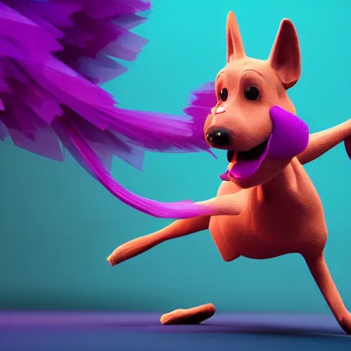 Image similar to a beautiful award winning 3d render of Milo a purple dog doing a dance, in the style of disney, comic book style, the dog is doing a ballet dance, highly detailed, 8k resolution, octane renderer