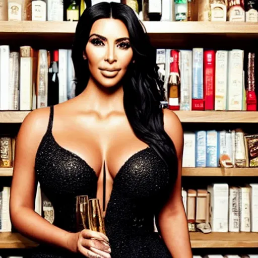 Prompt: kim kardashian posing for her magazine cover with champagne flying out of the open bottle in her hand landing in her shelf behind her stunning award winning photography