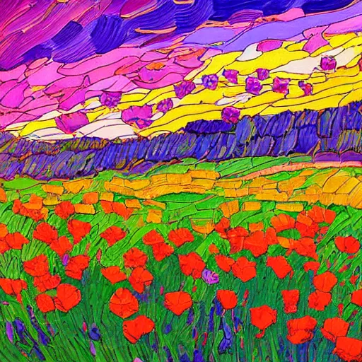 Prompt: a field of poppy flowers and lilac in front of rolling hills during sunset, art by erin hanson
