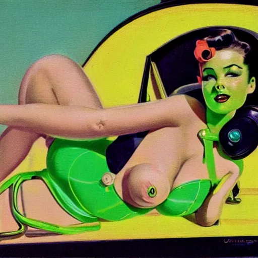 Image similar to portrait of pin up robot in a neon green bikini, art by gil elvgren, earl moran, joyce ballantyne, art frahm