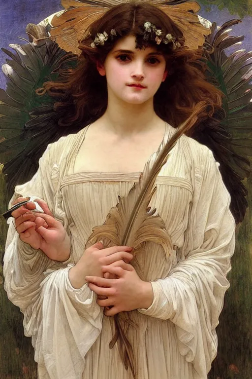 Image similar to portrait of a beautiful angel with large feather wings, intricate, elegant, hyperdetailed by alphonse mucha and william - adolphe bouguereau and john william waterhouse