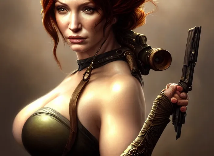 Image similar to portrait shot of christina hendricks as lara croft, intricate, elegant, highly detailed, centered, digital painting, artstation, concept art, smooth, sharp focus, illustration, artgerm, tomasz alen kopera, peter mohrbacher, donato giancola, joseph christian leyendecker, wlop, boris vallejo