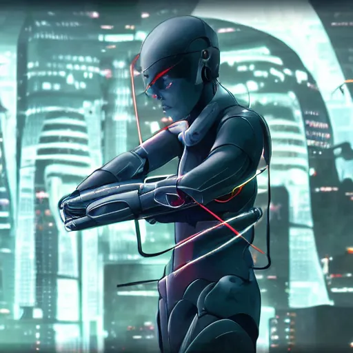 Prompt: an assassin wearing a full body armor and mask, cyborg, wires and cables, By ghost in the shell, cinematic, anime key visual, high-detail