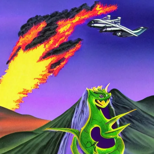 Image similar to a purple dragon blowing green fire fighting a retro spaceship with a volcano in the background, concept art by ken steacy