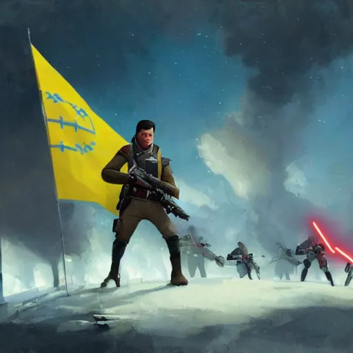 Image similar to In the Star Wars universe, rebels with Ukrainian flags are holding back the attacks of invaders with Russian flags by Greg Rutkowski