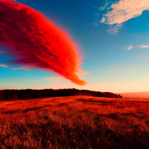 Prompt: a big red voluminous cloud, beautiful scenery, sun dawn, wild,