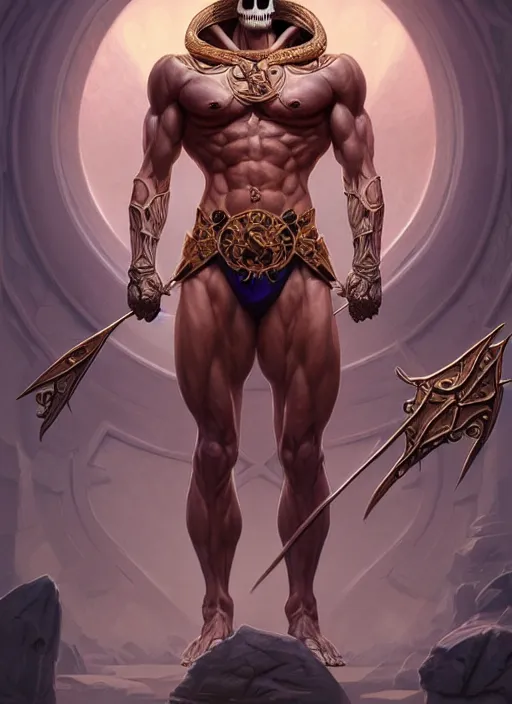 Image similar to symmetry! portrait of skeletor, d & d, muscular! fantasy, intricate, elegant, highly detailed, digital painting, artstation, concept art, smooth, sharp focus, illustration, art by artgerm and greg rutkowski and alphonse mucha