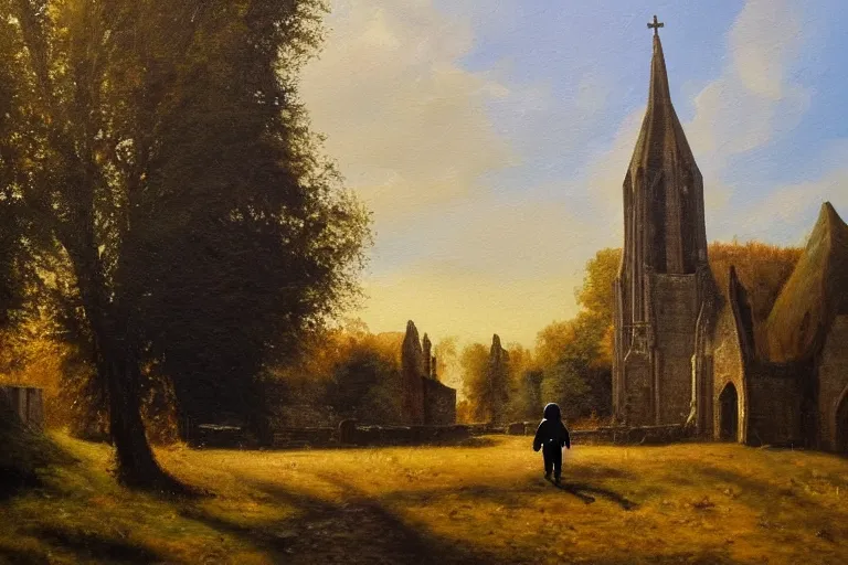 Prompt: a detailed oil painting of darth vader leaving a medieval flint church,, quaint english, churchyard, trees, golden hour