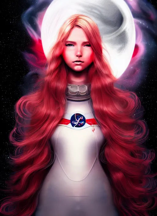 Prompt: highly detailed portrait of a hopeful pretty astronaut lady with a wavy blonde hair, by Les Edwards , 4k resolution, nier:automata inspired, bravely default inspired, vibrant but dreary but upflifting red, black and white color scheme!!! ((Space nebula background))