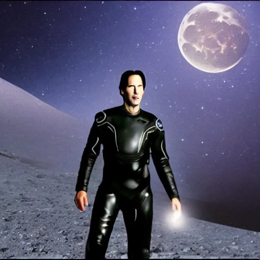 Prompt: keanu reeves at the age of 3 4 wearing a tron legacy suit, in the surface of the moon behind you can see the milky way