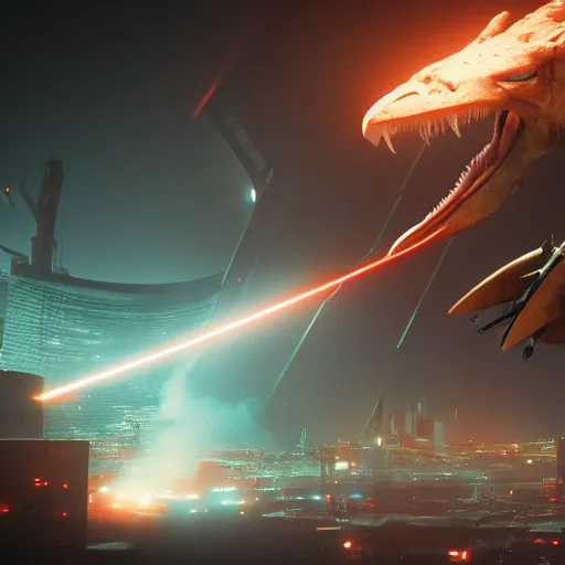 Image similar to a closeup portrait of a pterodactyl shooting lasers from is eyes flying over a destroyed city cyberpunk, fantasy, 4 k, octane render