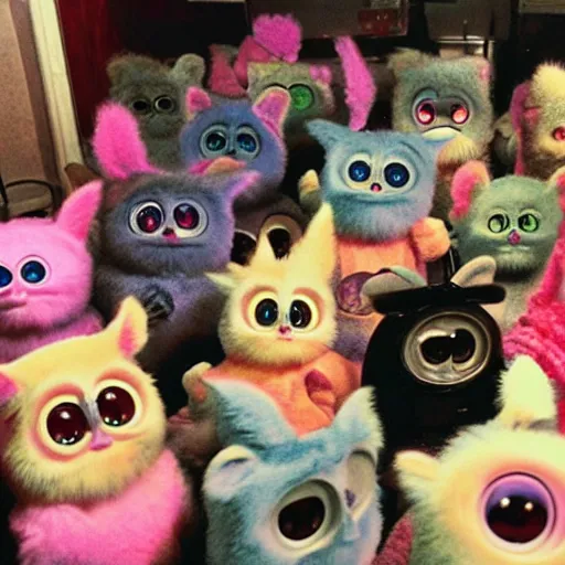 Image similar to Found footage of a room full of furbies staring at the camera. Some of them lack fur and are malfunctioning
