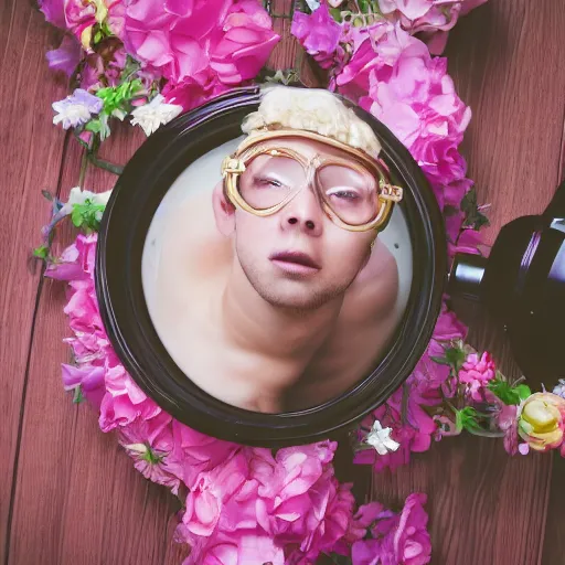 Prompt: close up kodak portra 4 0 0 photograph of a skinny guy with blonde hair laying in a tub of milk, aerial view, wearing goggles, flower crown, moody lighting, telephoto, 9 0 s vibe, blurry background, vaporwave colors, faded!,
