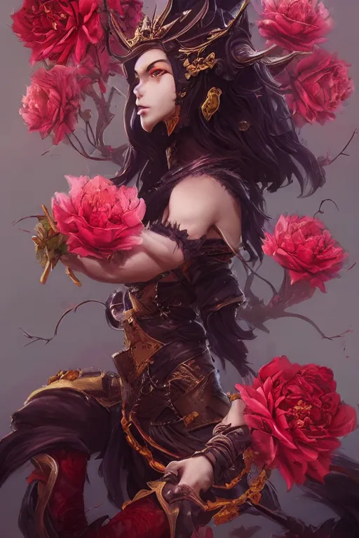 Prompt: fantasy monkey king dark witch sensual surrounded by roses and thorns, wide angle view, highly detailed, qichao wang, artgerm, cushart krenz, zeronis, trending on artstation, soft light, sharp edges, illustration, character design, concept art