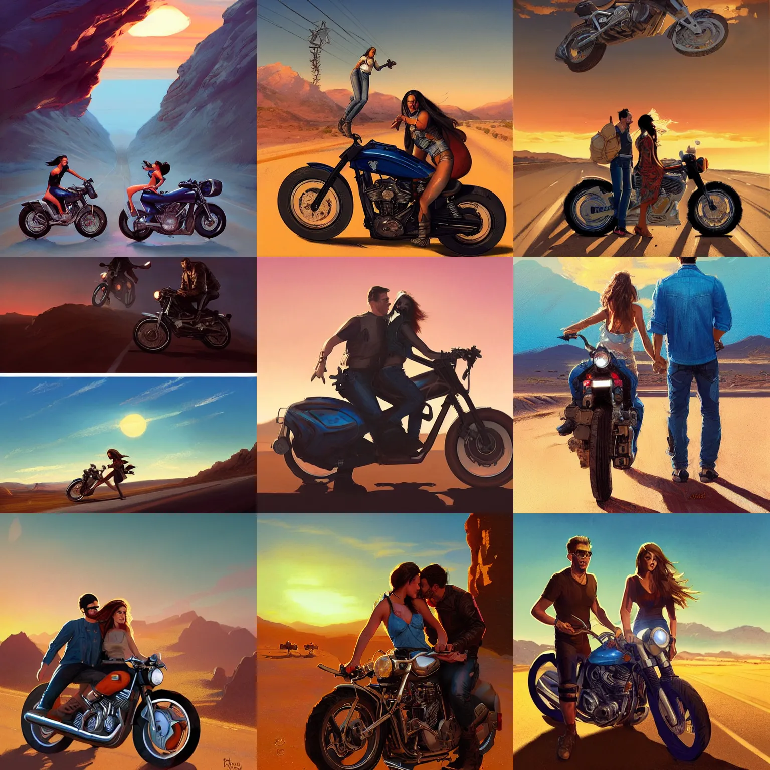 Prompt: hardmesh retro romantic couple ride on motorbike, ride out here, road california desert, sunset, blue sky, by greg rutkowski, magali villeneuve, artgerm, jeremy lipkin and michael garmash and rob rey