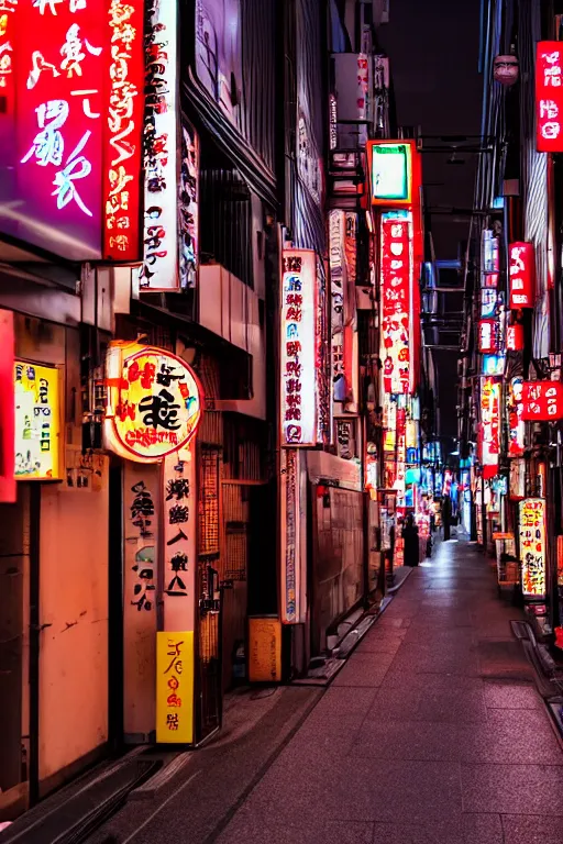 Image similar to a bussy back alley street in Tokyo, with small shops and restaurants. Evening time. Neon lights. Slow shutter. 8k. Canon eos.