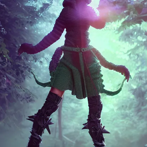 Image similar to knit female earth mage, high quality character design, action pose : : spotlight, magicpunk, biopunk, forestpunk, forest, mushrooms, high detail, 8 k, oled, shadows, reflections, digital art, official art, octane render, dynamic camera angle, dollpunk