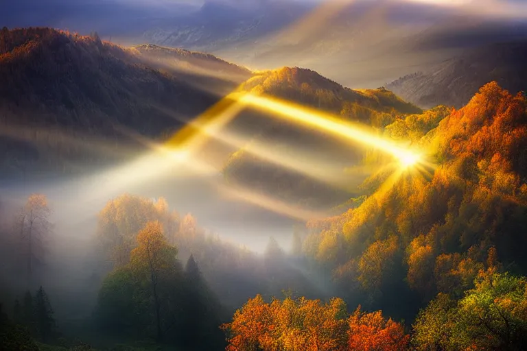 Prompt: landscape photography of romania by marc adamus, morning, mist, rays of light, beautiful