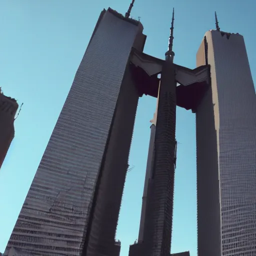 Image similar to the twin towers transformed into giant robots