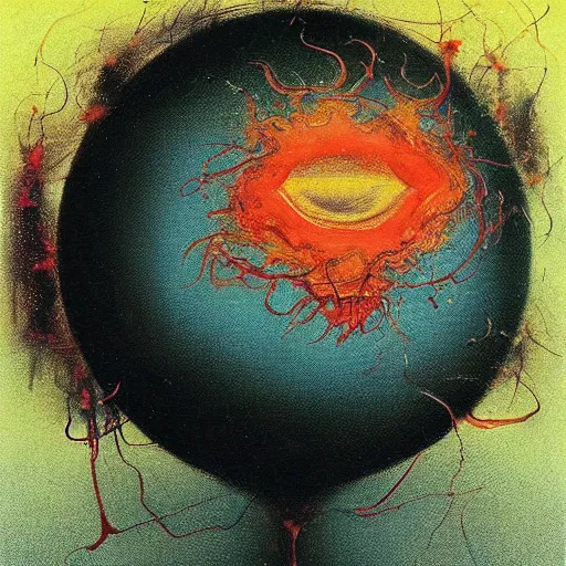 Image similar to a sphere being devoured by abstract splatters of paint in the style of francis bacon, venus being engulfed in flames in the style of james jean, surreal, beksinski, high detailed