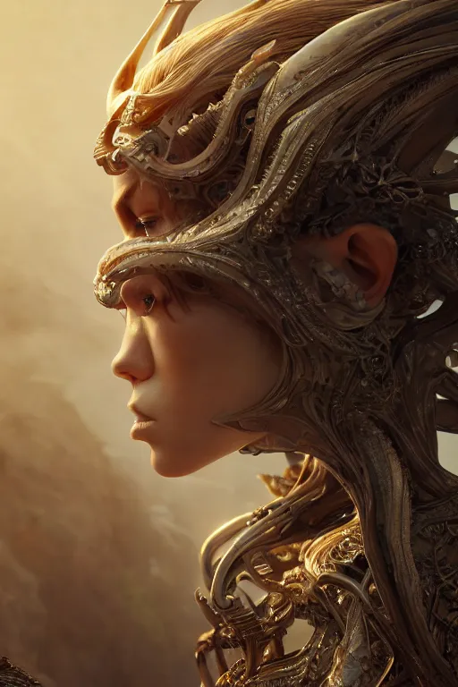 Image similar to beautiful biomechanical impish elven incredible hair, masterpiece crystalline incrustations, hyperdetailed face, elegant pose, movie still, intricate, octane render, cinematic lighting, cgsociety, unreal engine,