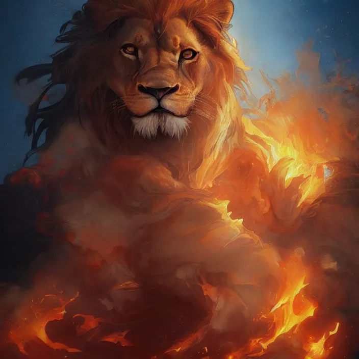 Image similar to lion made out of fire and water, masterpiece painting, 4k, trending on artstation, octane render, art by artgerm and greg rutkowski and alphonse mucha and craig mullins and James Jean and Andrei Riabovitchev and Marc Simonetti and peter mohrbacher