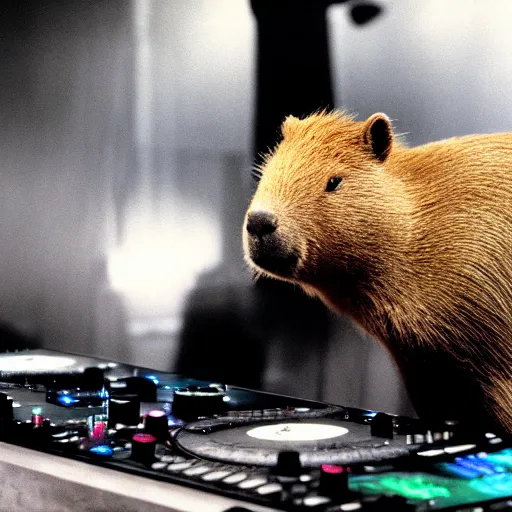 Image similar to Capybara DJing at a nightclub, HD photograph, by Michael Mann