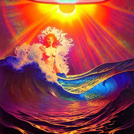 Image similar to ocean wave around giant psychedelic mushroom, lsd water, dmt ripples, backlit, sunset, refracted lighting, art by collier, albert aublet, krenz cushart, artem demura, alphonse mucha
