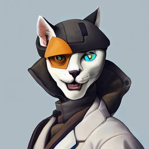 Image similar to Portrait painting an anthropomorphic Gray cat wearing a jacket and a collar, as an Overwatch character, medium shot, asymmetrical, profile picture, Organic Painting, sunny day, Matte Painting, bold shapes, hard edges, street art, trending on artstation, by Huang Guangjian and Gil Elvgren and Sachin Teng