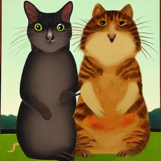 Image similar to portrait painting of cat and quokka in the style of grant wood