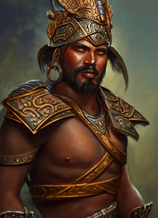 Image similar to smart tai warlord, closeup portrait, historical hero, ethnic group, tai costume, bronze headdress, intricate, with leather armor cross on bare chest, elegant, loin cloth, highly detailed, oil painting, artstation, concept art, matte, sharp focus, illustration, hearthstone, art by earl norem