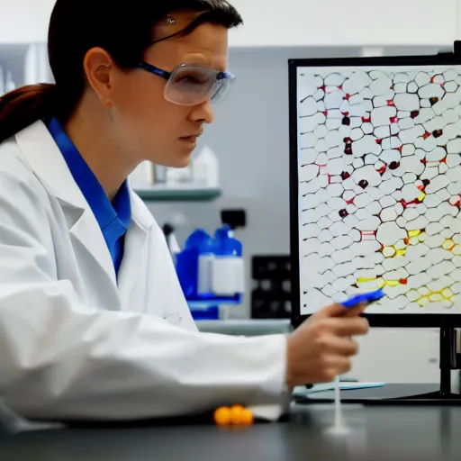 Prompt: a duck scientist in a lab looking at chemistry molecule diagrams on a screen, the duck sits at a table, super resolution, 8k