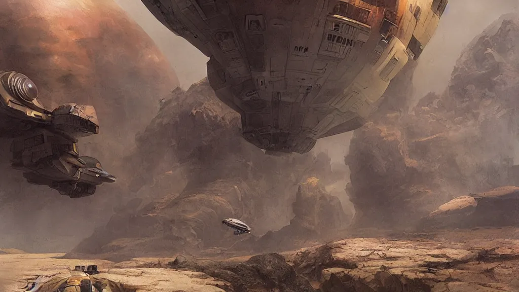 Image similar to small organic dropship lander by john schoenherr and jim burns, epic cinematic matte painting