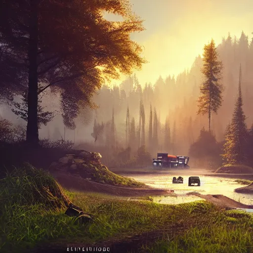 Prompt: scenery of a beautiful rural landscape with a broken robot in the style of simon stalenhag. light rays from the tree tops, small river on the ground, hypermaximalistic, high details, cinematic, 8 k resolution, beautiful detailed, insanely intricate details, artstation trending, octane render, unreal engine