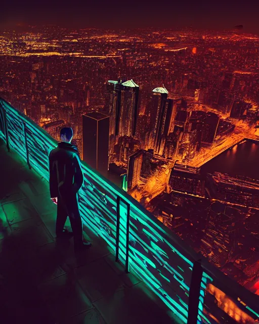 Prompt: an unreal engine rendered night rooftop scene colored by Liam Wong, neon lights in the city below, close up shot of a photorealistic gangster wearing a trench coat looking at the city below, dark mood, octane render, unreal engine, raytracing